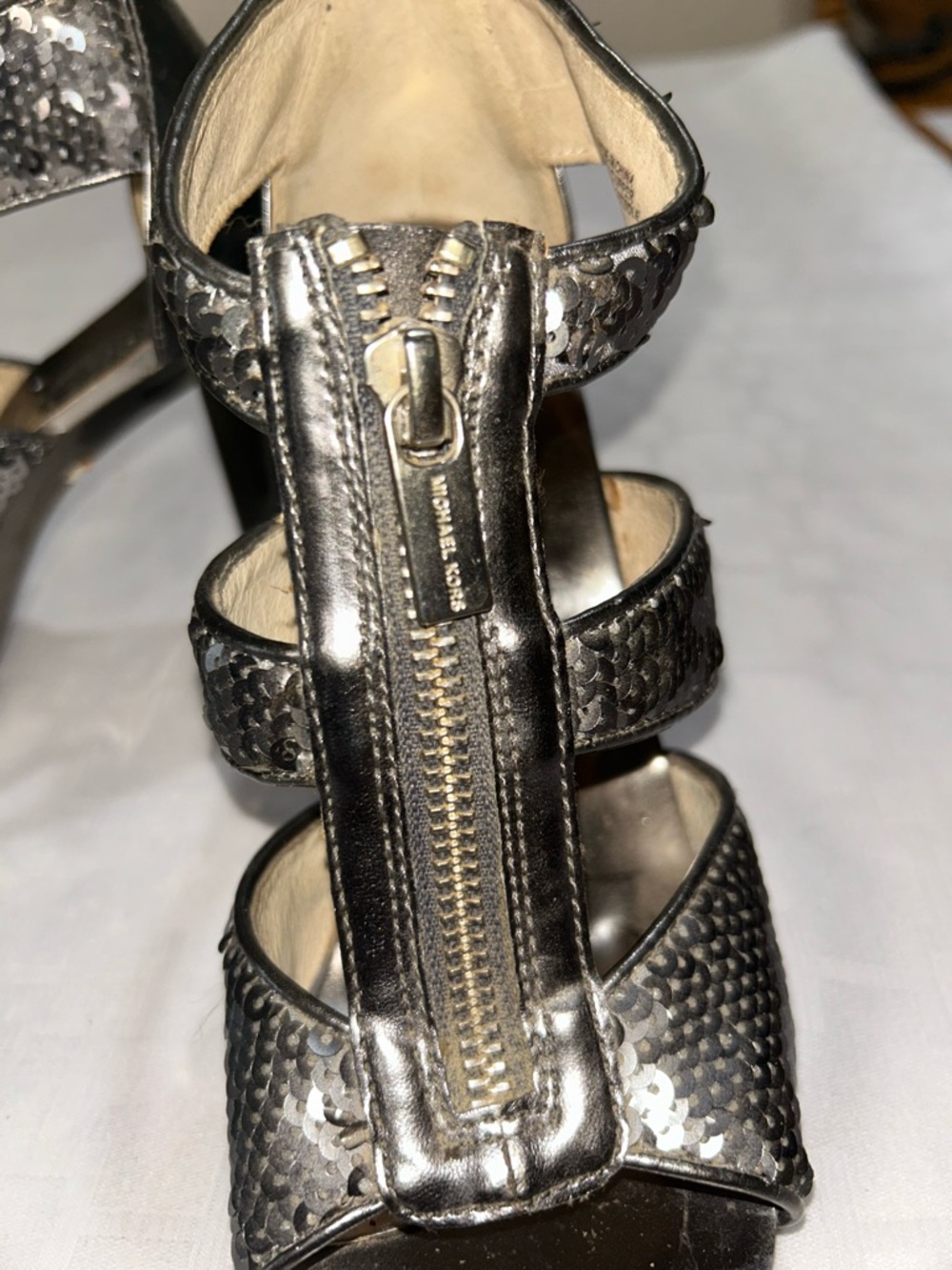 Michael Kors Berkley Silver Metallic Sequins High Heel Platform Sandals 6M